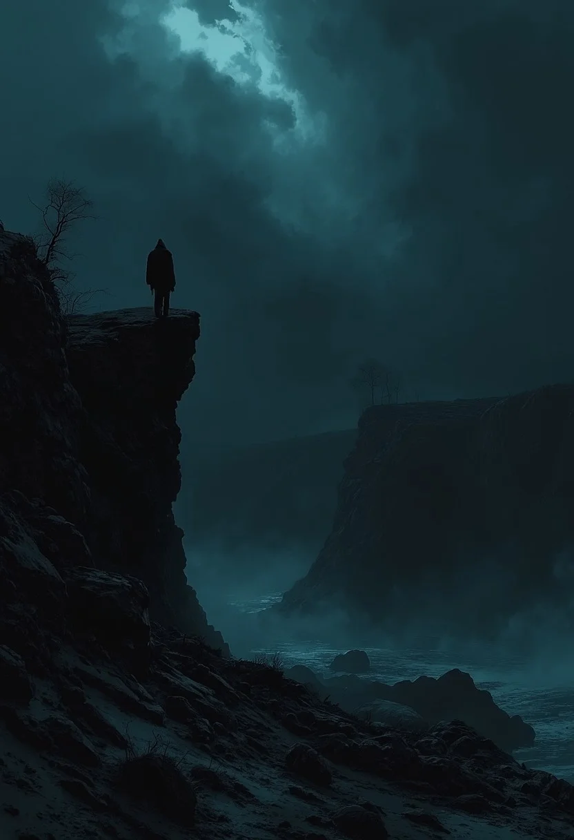 aerial view of a person standing on a vast crater looking down into the dark abyss long enough for the abyss to stare back in form of a errie smirking monstrous abomination, <lora:MJanime_Flux_LoRa:1> <lora:- Flux1 - vanta_black_V2.0:.5>