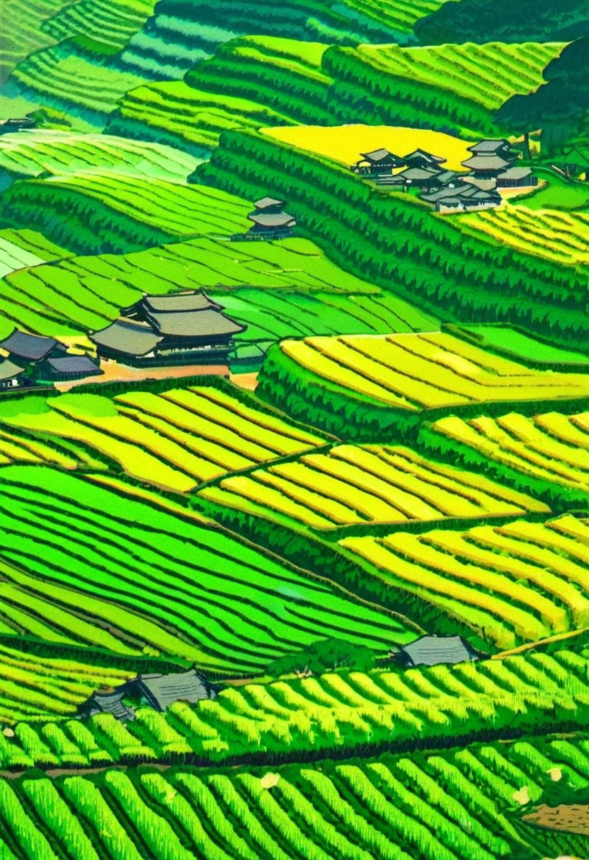 Early morning mist over the terraced rice fields of Hoshitoge, vibrant green paddies stretching beneath low rolling hills.