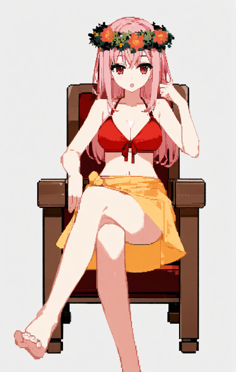 artist:ciloranko, character: Mizuki (ç¾æ), character: Mizuki (ç¾æ) clothes2,  1girl, solo, sitting on chair, crossed legs, full body, long hair, pink hair, large breasts, flower, red eyes, white head wreath, pixel art, :o, yellow sarong, cleavage, navel, collarbone, red bikini, front-tie bikini top
<lora:Mizuki (ç¾æ) v7.4 (å¤æè£æ­£ååå¾ç¿»è½¬)-000006:1>