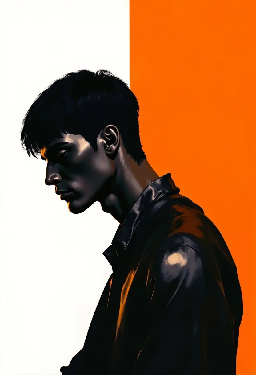 DB4RZ style painting,A modern and abstract digital painting featuring a minimalist composition with a monochromatic palette accented by vibrant orange. The central figure is a dark-skinned man with a serene, contemplative expression, his head slightly tilted and eyes closed, framed by short, closely cropped hair. His body, shown from the neck up, transitions from deep black at the top to lighter shades towards the bottom, rendered with a smooth, polished texture that gives a sleek, metallic finish. The stark white background sharply contrasts the dark tones of the figure, while an orange vertical rectangle on the right side introduces a bold and dynamic element. The rectangle’s edges are jagged, adding a sense of energy and movement to the otherwise tranquil composition. The interplay of geometric forms and high-contrast colors draws attention to the figure’s face, creating a striking visual balance. The artwork conveys calm introspection with a modern aesthetic, blending simplicity and boldness to evoke a powerful emotional response. aesthetic_pos3. (elaborate fine details:1.1), (hyperdetailed:1.1), (intricate details:1.0), (Refined details:1.1), (best quality:1.1), (high resolution:1.2), <lora:FLUX\Anime v1.3:0.6> <lora:FLUX\Elden_Ring_-_Yoshitaka_Amano:0.5> <lora:FLUX\RetroAnimeFluxV1:0.4> <lora:FLUX\Comic book V2:0.8> <lora:FLUX\PrismaticPersona:0.7>