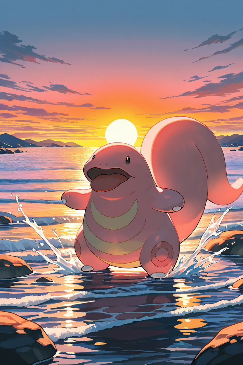 masterpiece, best quality,   Lickitung, no humans, pokemon (creature),  <lora:LickitungPokedexIXL:1.0>,   standing near a river, tongue splashing water, glowing sunset, serene atmosphere, soft and warm lighting, natural setting, vibrant and whimsical