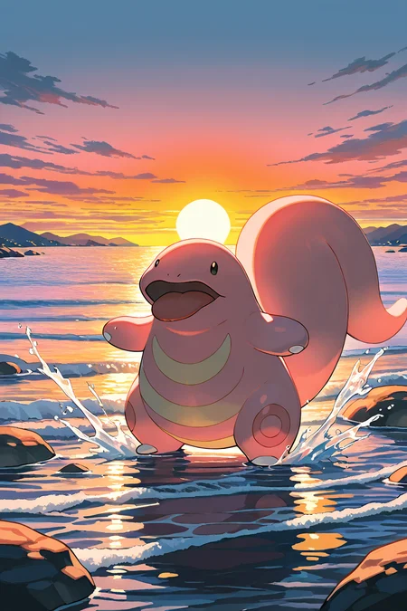 masterpiece, best quality, Lickitung, no humans, pokemon (creature), <lora:LickitungPokedexIXL:1.0>, standing near a river, tongue splashing water, glowing sunset, serene atmosphere, soft and warm lighting, natural setting, vibrant and whimsical