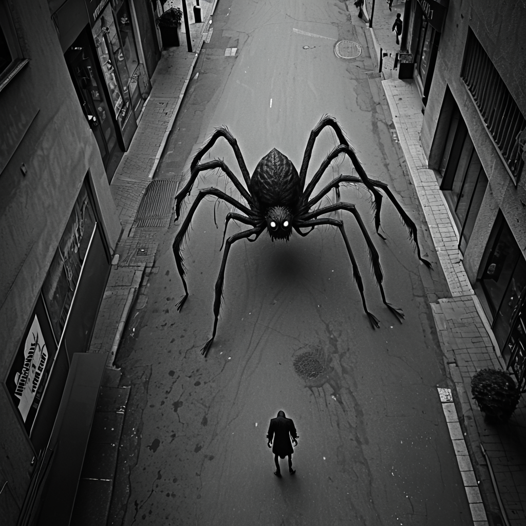 horrorcctvlora, street, horror (theme), monster, spider, monochrome, bird view