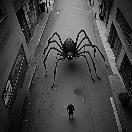 horrorcctvlora, street, horror (theme), monster, spider, monochrome, bird view