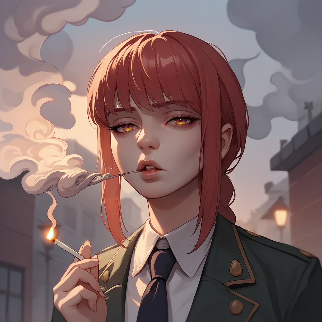 score_9, score_8_up, score_7_up, score_6_up, score_5_up, score_4_up, source_anime,rating_questionable, solo, outdoors,cowboy shot, looking at viewer, pursed lips, puckered lips makima CSM, tired, holding cigarette, gloomy <lora:Breathing_Smoke:0.8> smk3br34th, smoke, open mouth, exhaling smoke, curling smoke, smoke wisps, smoke in mouth,