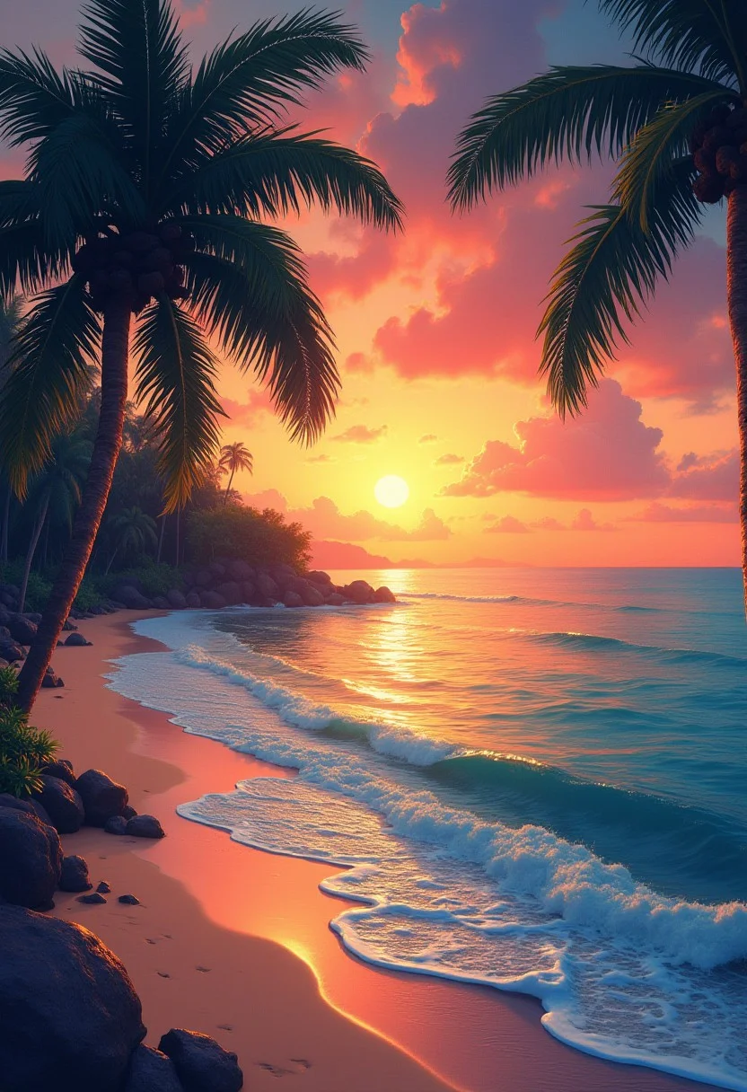 a painting of a tropical beach at sunset, trending on Artstation, digital art, 🪔 🎨;🌞🌄, beautiful detailed illustration, traditional art, trending on artstration, canvas painting, wallpaper - 1 0 2 4, trending artistic art, gorgeous art, digital cartoon painting art