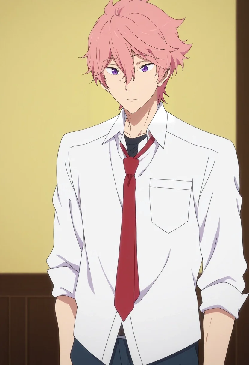 masterpiece, best quality, anime screencap, official style, anime coloring, cowboy shot, 1boy, solo, male focus, <lora:kisumi_shigino_ilxl:0.96>, kisumi_shigino, pink hair, purple eyes, hair between eyes, white shirt, collared jacket, red necktie, ,