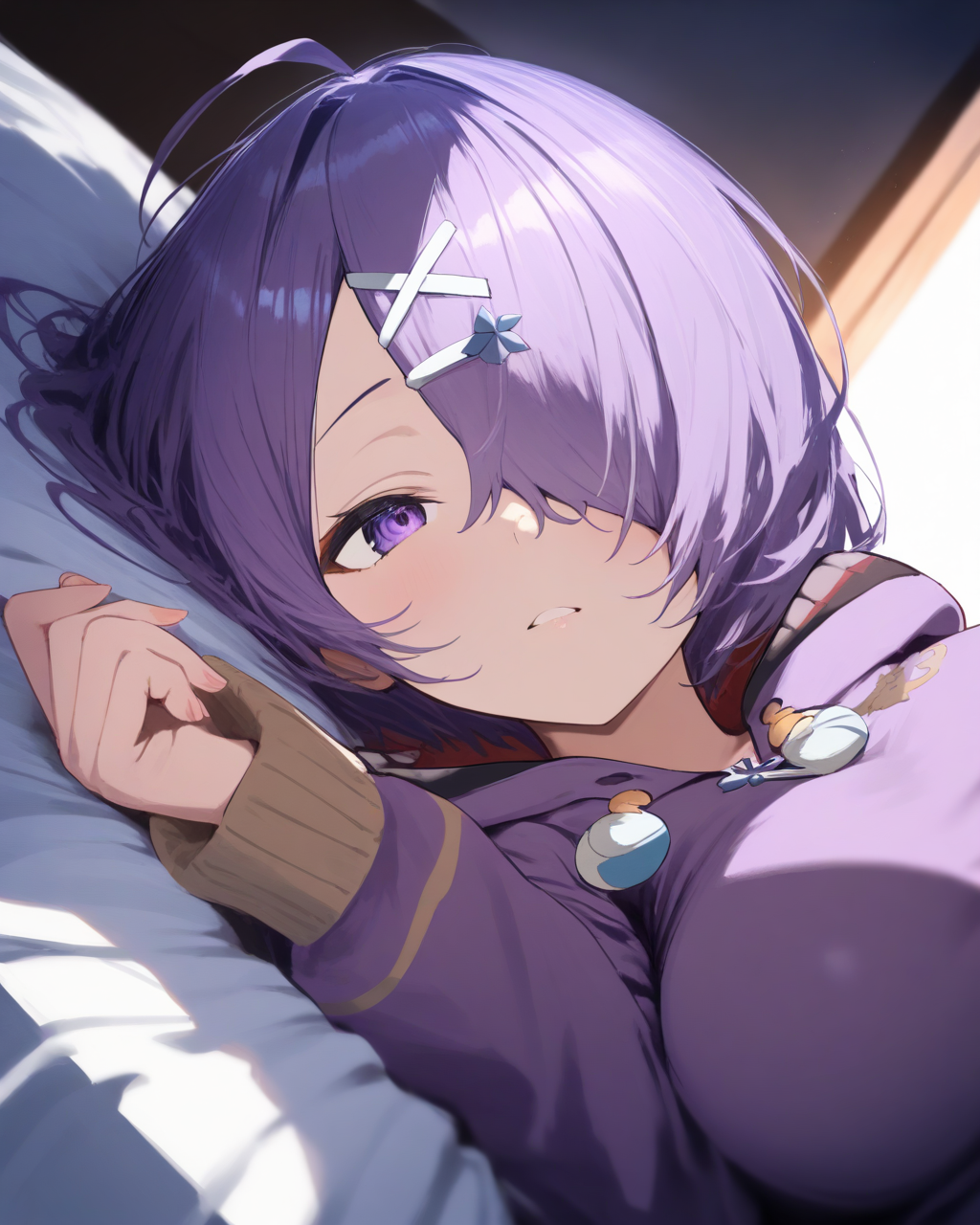 1girl,
KisoAzukiDotLive,
safe, solo, dutch angle, upper body,
hair ornament,
hair over one eye,
purple hoodie,
large breasts,
lying,
on bed,
moodie lighting,
depth of field,
<lora:kp_KisoAzukiDotLiveAnimagineXL_v1_1:1.0>,
masterpiece, high score, great score, absurdres