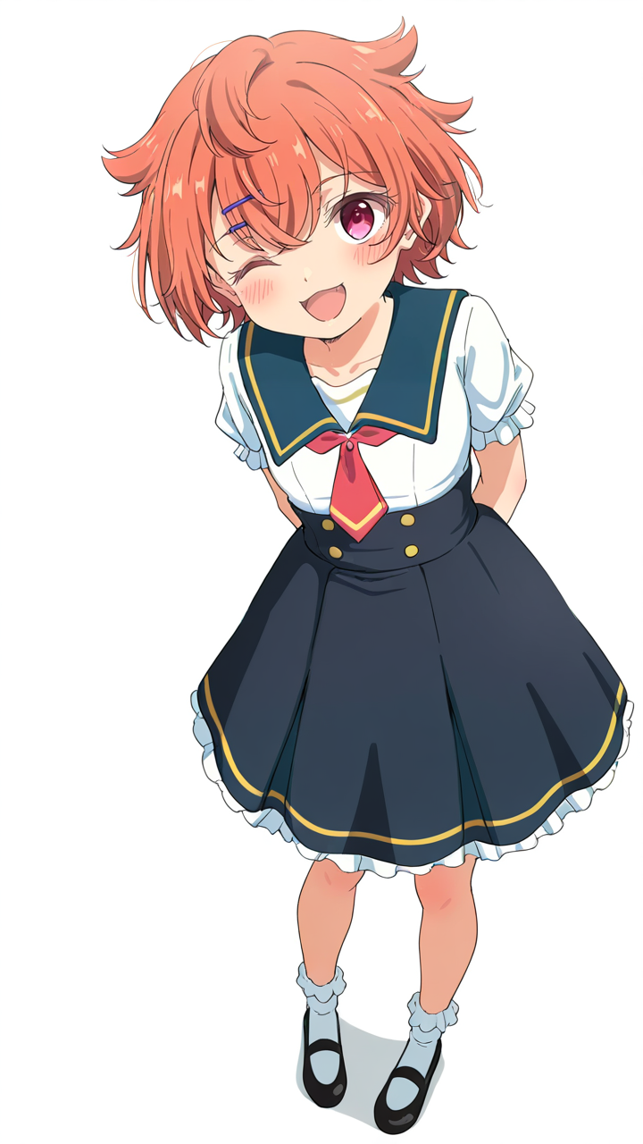 1girl,looking_at_viewer,smile,white_background,simple background,anime screenshot,sincos,<lora:Salsa_Illustrious_v4:1>,Salsa,hair ornament,one eye closed,full body,smile,open mouth,shoes,black footwear,socks,;d,sailor collar,, masterpiece, best quality