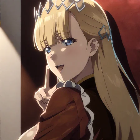 seras_ashrain, 1girl, blue eyes, solo, blonde hair, long hair, open mouth, bangs, blunt bangs, anime coloring, upper body view, seductive smile, prostitution gesture, leaning on the wall, v sign, thick thighs, large breasts, red outfit, <lora:XL-SerasAshrain:1>, (masterpiece),(best quality),(ultra-detailed),(best illustration),(best shadow),(absurdres),(detailed background),(very aesthetic),