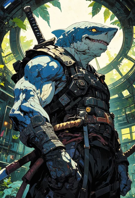 A muscular anthropomorphic shark warrior, wearing tactical combat gear, black leather straps, and a katana on the back. The character has a confident smirk, sharp teeth, and a battle-hardened look. The background is a futuristic jungle environment, with glass ceilings and soft sunlight filtering through the leaves. The illustration is anime-style, with sharp outlines, cel shading, and dynamic lighting. High detail, ultra HD,  digital painting, concept art style