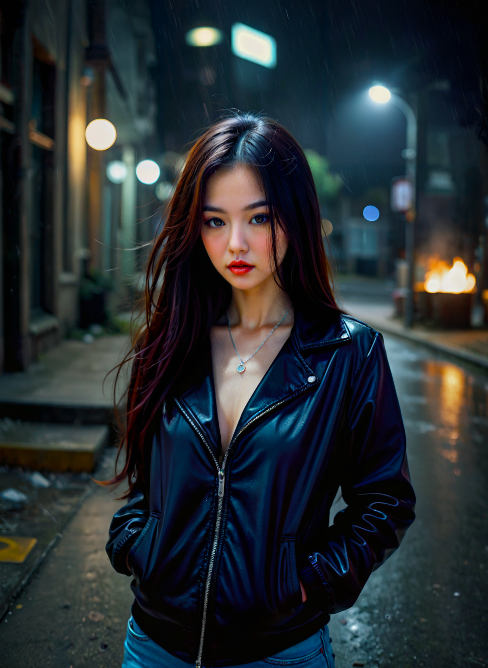 cinematic film still a young woman standing on a street at night. She is wearing a black leather jacket and jeans, and her long dark hair is styled in loose waves. The woman is looking directly at the camera with a serious expression on her face. The street is wet and there are streetlamps and buildings in the background. The overall mood of the image is dark and moody. <lora:add-detail-xl:.5>  <lora:Flux-style-xl-lora:.5>