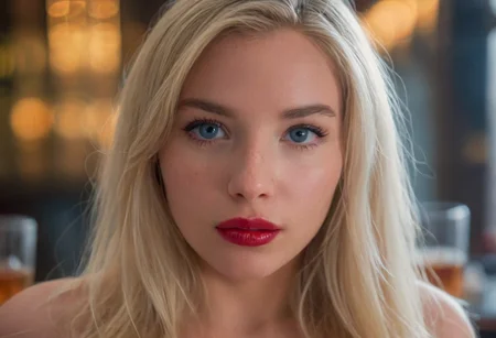 UHD, 8K, ultra detailed, a cinematic photograph of (EuroBabe, blonde, Eastern, blue eyes, indoors, bar, lipstick, bokeh), beautiful lighting, great composition
