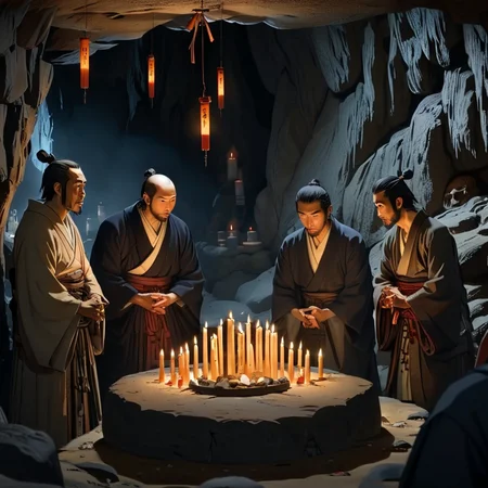 masterpiece, best quality, <lora:add-detail-xl:1> <lora:ArsMJStyleSDXL_-_AnimeC:1> A clandestine meeting of Christian converts in a hidden cave shrine. Flickering candles illuminate a mix of Japanese and European religious iconography. The converts, a diverse group including samurai, peasants, and Portuguese missionaries, pray together in hushed tones.