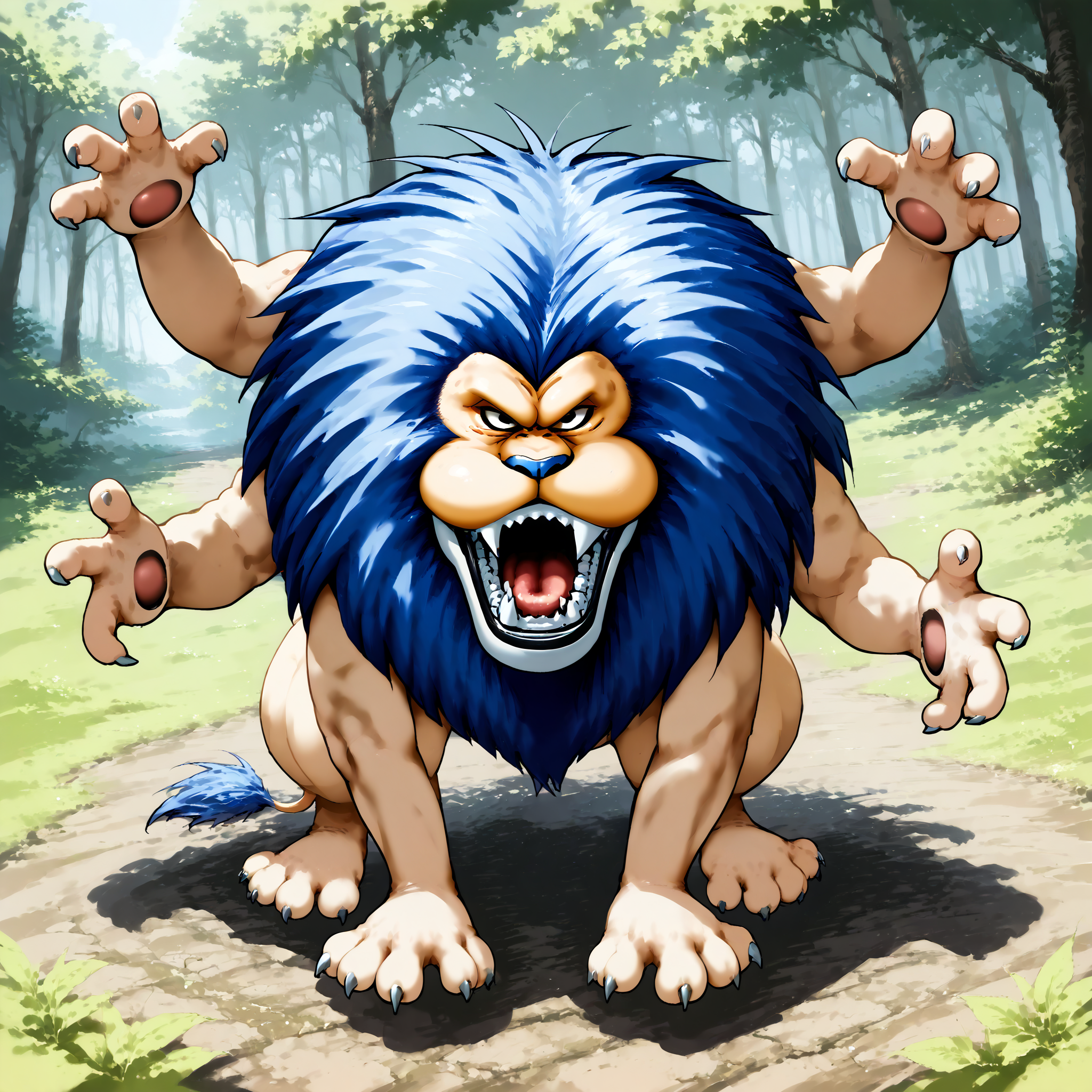 score_9,score_8_up,score_7_up,super detailed,extreme detailed,full_body,zPDXL3,source anime,nature,field BREAK no humans,<lora:Pony_DetailV2.0:1> BREAK hellion_(dq),lion,blue hair,<lora:hellion_(dq):1>,open_eyes,open mouth,looking at viewer,roaring,