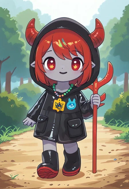 score_9, score_8_up, score_7_up, BREAK
highres, highly detailed, high resolution, high quality,
source_anime, anime screencap, saturation, vivid colors,
1girl, solo, luce, full body, standing, demon girl,
(dark red hair:1.2), (big dark red eyes:1.1), medium hair, cute, (grey skin:1.1), (horns:1.2),
(long black raincoat:1.1), black rubber boots,
pentagram necklace, holding one red trident,
pikaole, cute, bokeh,
In the style of TOK,
blurry background, forest background, path,
outlines,
