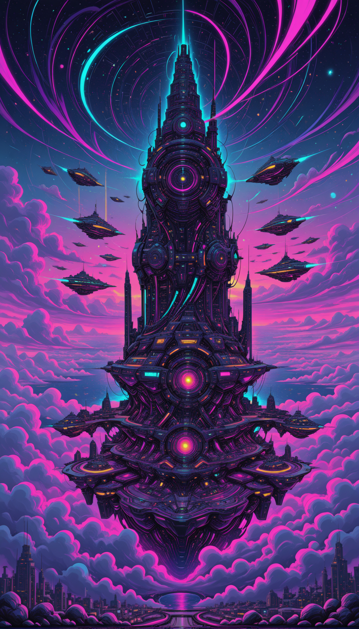 futuristic city, colossal skyscrapers, glowing energy cores, floating city, ocean of clouds, neon-lit, flying ships, high-tech aesthetics, sci-fi architecture, cyberpunk vibes masterpiece, best quality, amazing quality, very aesthetic, absurdres, newest, pinkneoncybercore, <lora:PinkieNeonCybercoreIL:1>,
