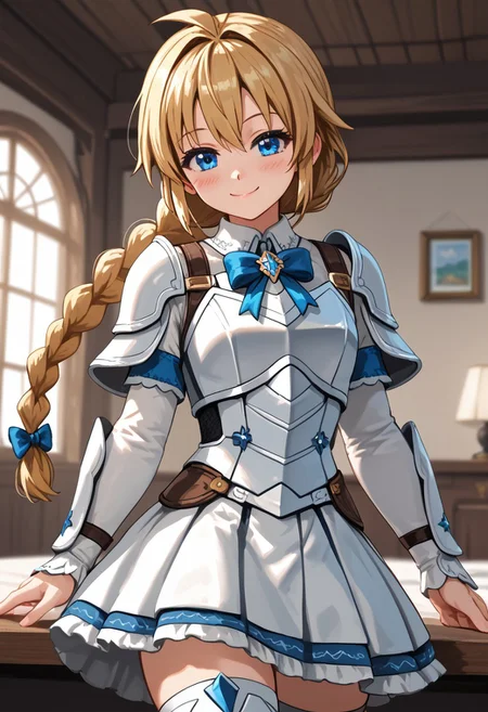 score_4,score_5,score_6,score_7_up,score_8_up,score_9 ((masterpiece,best quality,ultra detailed,highres,HD,4k:1.2)), 
1 cute girl,solo,girl focus,solo focus,face focus,
indoors,
blonde hair,long hair,braided ponytail,spiked hair,single braids,blue eyes,
white armor,thighhighs, zettai ryouiki, bow,detached sleeves, skirt,
looking at viewer,
smile,happy,closed mouth,blush,