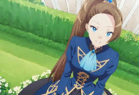 masterpiece, best quality, 1girl, outdoors, looking at viewer, solo, highres, brown hair, long hair, ponytail, blue eyes,
(Katarina Claes, wear blue original Victorian dress :1.0), dynamic pose, at beautiful garden , seductive smile, detailed eyes, best quality, medium shot, sitting on edge of white wall,
random Camera angle,
score_9, score_8_up, score_7_up, rating_explicit, epiCPhoto, sharp avn award winning photo, ultrasharp, artistic photoshoot, masterpiece, best quality, detailed painting,