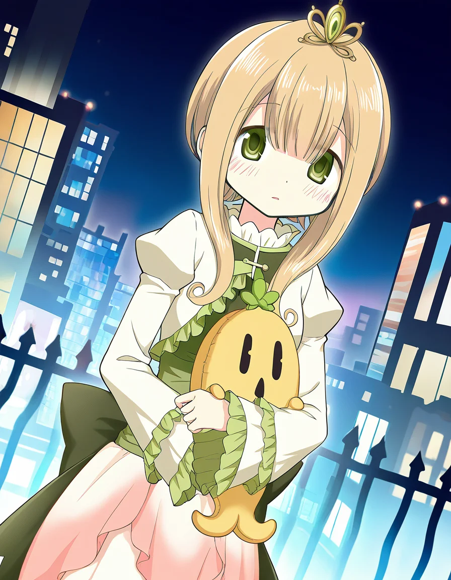 masterpiece, best quality, newest, absurdres, highres, safe, 1girl, satori kagome, magia record: mahou shoujo madoka magica gaiden, solo, holding stuffed toy, city, night, dutch angle, <lora:satori_kagome_noobaiXLNAIXL_vPred10Version:0.7>