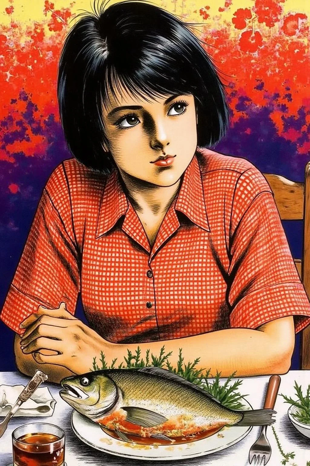 1keryo illustration.
The image depicts a young girl sitting at a table with a cooked fish placed in front of her. She is wearing a red checkered shirt and has short black hair. The background features a vibrant, colorful scene with a mix of red and yellow hues. The fish appears to be garnished with some herbs or spices. The overall setting suggests a dining or meal preparation scenario. <lora:1keryo1_cap_d6a3e12:1.0><lora:826550311616300758:0>