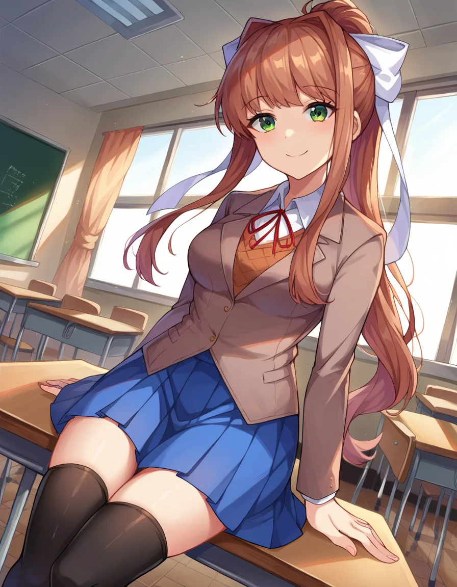 score_9, score_8_up, score_7_up, source_anime,
ddlcmonika, <lora:ddlc-monika-ponyxl-lora-nochekaiser:1>
ddlcmonika, blunt bangs, brown hair, green eyes, long hair, ponytail, ribbon, white ribbon, hair ribbon, sidelocks, smile,
black thighhighs, blue skirt, brown jacket, jacket, long sleeves, mary janes, over-kneehighs, pleated skirt, school uniform, shoes, skirt, thighhighs, zettai ryouiki,
indoors, classroom, sitting, table, pov across table, chair,
looking at viewer, dutch angle, cowboy shot,