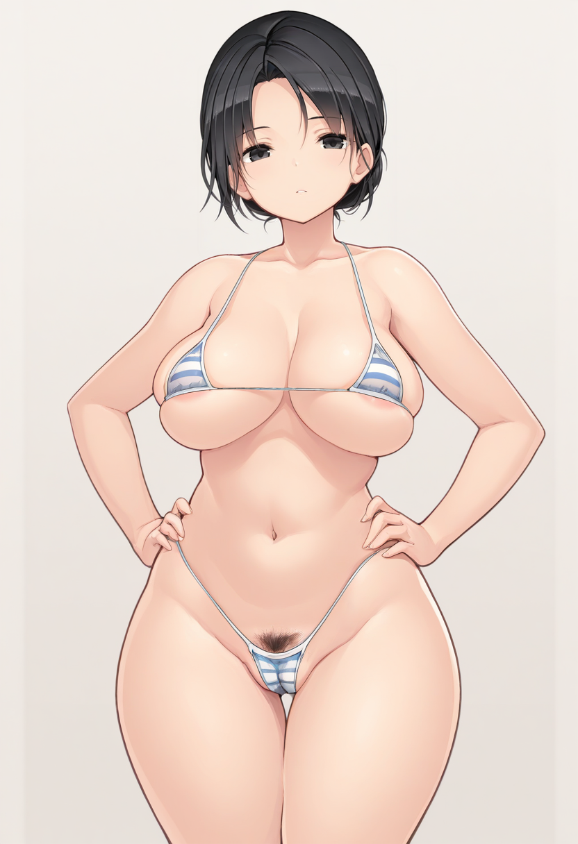 masterpiece, best quality,  
 <lora:Messhi_Style:1> M355h1, 1girl, solo,standing, hands on own hips,looking at viewer, black hair, short hair, black eyes,mature female, large breasts, wide hips,female pubic hair, cameltoe, skindentation,bikini, micro bikini, striped bikini,