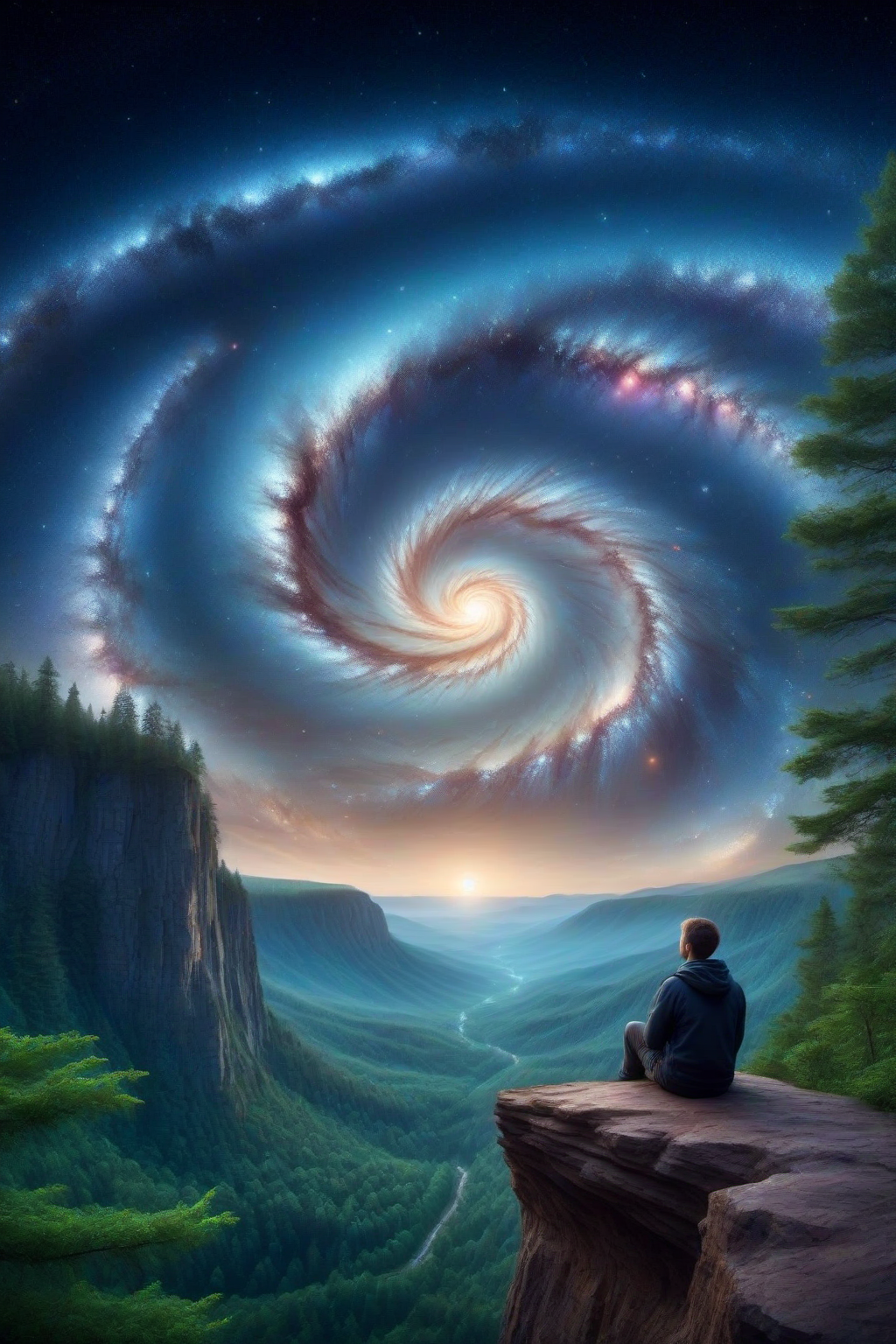(masterpiece), (extremely intricate:1.3), (realistic), the edge of a cliff, a person sitting on the edge, in the background a dense forest, in the sky a spiral galaxy, 4k, masterpiece