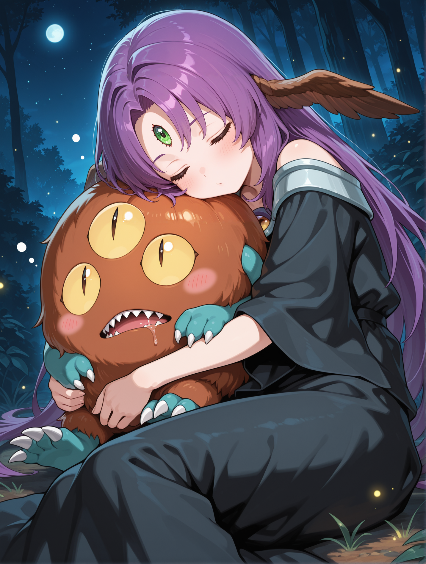 witch of the black forest,1girl,closed eyes,sleeping,blush,black long dress,brown head wings,sitting,closed mouth,monster hug,1other,sangan,open mouth,monster,claws,sharp teeth,night sky,black forest,slit pupils,head on another's,on side,open mouth,saliva,
masterpiece,best quality,amazing quality,very aesthetic,absurdres,newest,<lora:Witch of the Black Forest illusXL v1.4:0.7>,