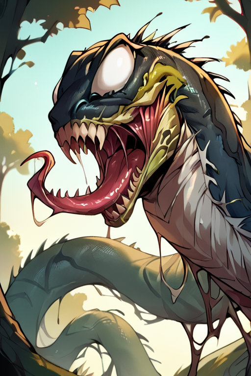 score_9, score_8_up, score_8, score_7,<lora:s1m13073PNYXL_V00:1> s1m13073, monster, saliva, sharp teeth,  a large black python boa sitting on a tree