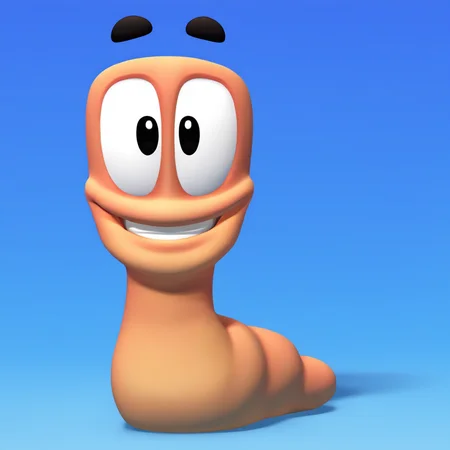 wormsteam17, wormrender, worm, 1worm, solo, no humans, floating black rounded eyebrows, smile, black eyes, 3d, shadow, simple background, blue background, masterpiece, best quality