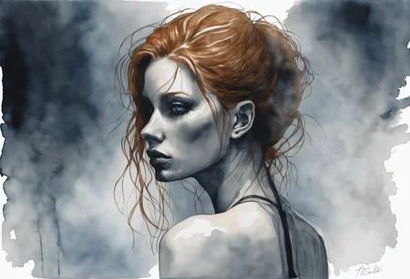 a watercolor painting of a female, (from behind:1.5).
Her (ginger undone hair:1.2) covers part of her beautiful face and bare chest, cold blue eyes.
There is diffuse, misty and smoky atmosphere around her, giving the picture a menacing element.
The picture is photographed in a monochromatic scheme, mainly with shades of black, white and gray.
(dystopian style, highly detailed, bleak, post-apocalyptic, somber, dramatic)