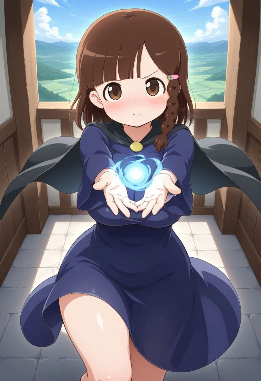 masterpiece, best quality, amazing quality, very aesthetic, absurdres, best quality, 4k, upscale, indoors, slightly side, dynamic pose, foreshortening, outdoors, sky, landscape, magic, riri, 1girl, brown hair, solo, braid, brown eyes, hair ornament, looking at viewer, dress, hairclip, blush, bangs, cape, closed mouth, blue dress, side braid, blunt bangs, single braid, thick thighs, wide hips, large breasts, saggy breasts,<lora:Riri_ILv2:0.8>
