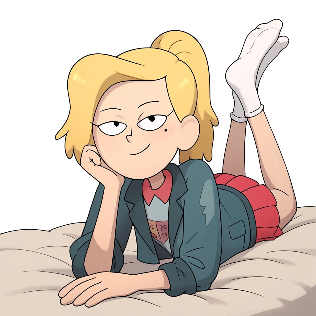 score_9, score_8_up, score_7_up, score_6_up, score_5_up, score_4_up, rating_explicit, perfecteyes, (((nocunoct))), Sasha Waybright, 1girl, solo, cute, full body, lying on bed, lying on stomach, bedroom eyes, looking at viewer, :t, closed mouth,  blonde hair, ponytail, black eyes, mole under eye, blue shirt, denim jacket, pink skirt, pleated skirt, white socks, white background, simple background, POV,
score_8_up,