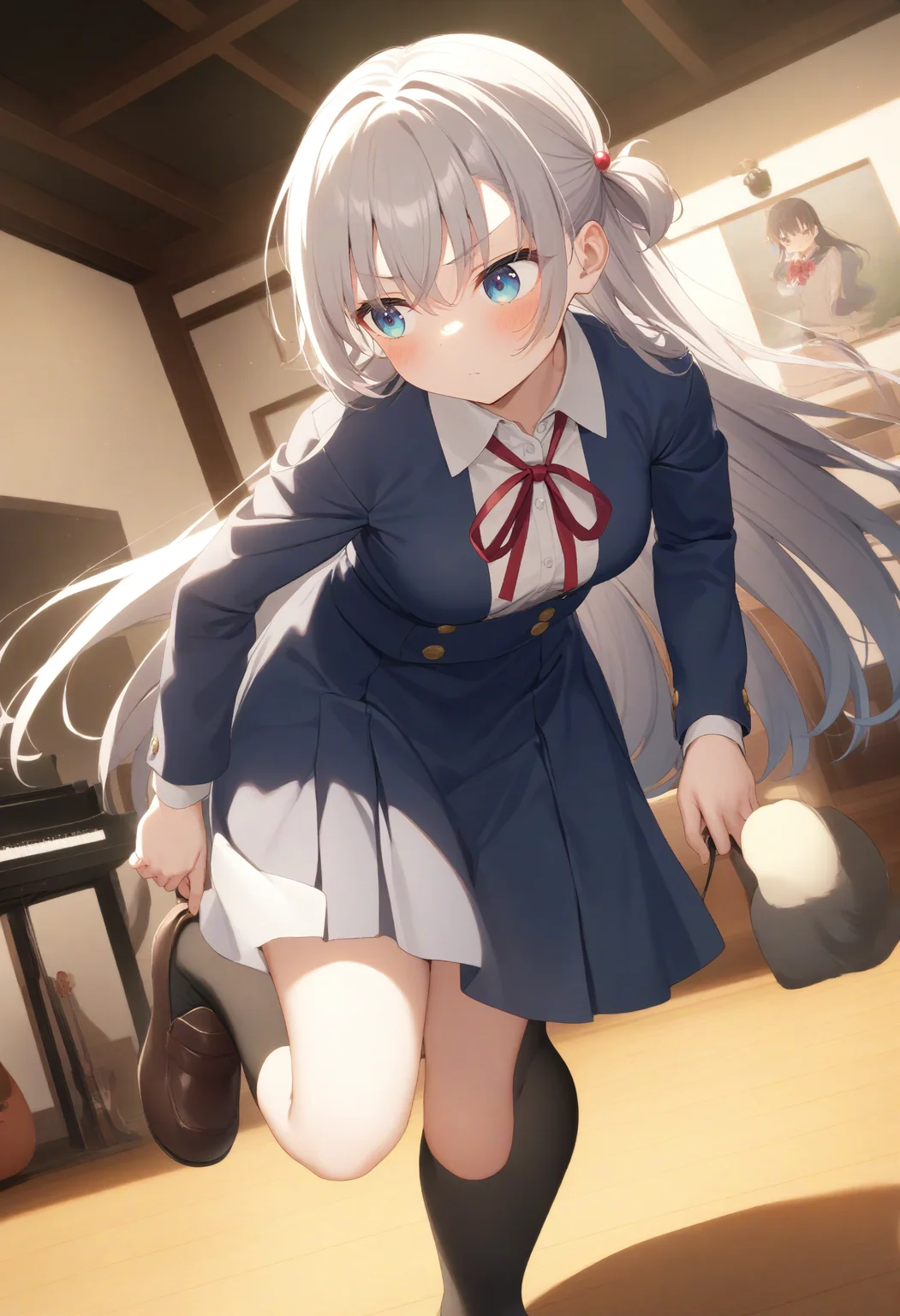 1girl,sincos, ningen mame, toosaka asagi,solo,medium breasts,school uniform,
adjusting footwear,adjusting clothes,putting on shoes,shoes,<lora:adjustingfootwear_XL_v1:0.8>
ceiling, cinematic angle, looking to the side, silver hair, silver eyes,serious, music room, closed mouth, hime cut hair,,
best quality, very aesthetic, absurdres