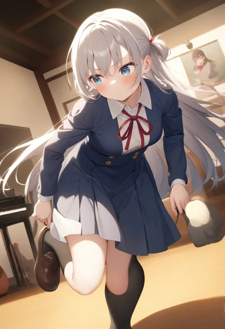 1girl,sincos, ningen mame, toosaka asagi,solo,medium breasts,school uniform,
adjusting footwear,adjusting clothes,putting on shoes,shoes,<lora:adjustingfootwear_XL_v1:0.8>
ceiling, cinematic angle, looking to the side, silver hair, silver eyes,serious, music room, closed mouth, hime cut hair,,
best quality, very aesthetic, absurdres