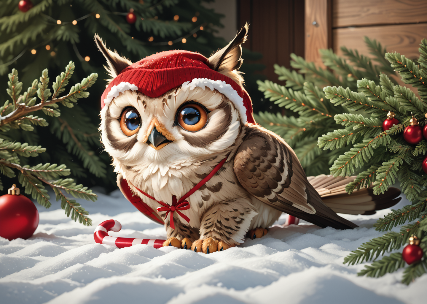 score_9, score_8_up, score_7_up, score_6_up, score_5_up, score_4_up, detailed, realistic, illustration, 8k, owl perched on a candy cane in the snow (cute furry feral:1.2), source_furry <lora:Animal_Christmas:0.8> animal christmas