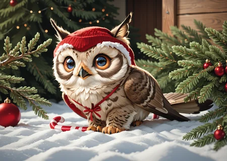 score_9, score_8_up, score_7_up, score_6_up, score_5_up, score_4_up, detailed, realistic, illustration, 8k, owl perched on a candy cane in the snow (cute furry feral:1.2), source_furry <lora:Animal_Christmas:0.8> animal christmas