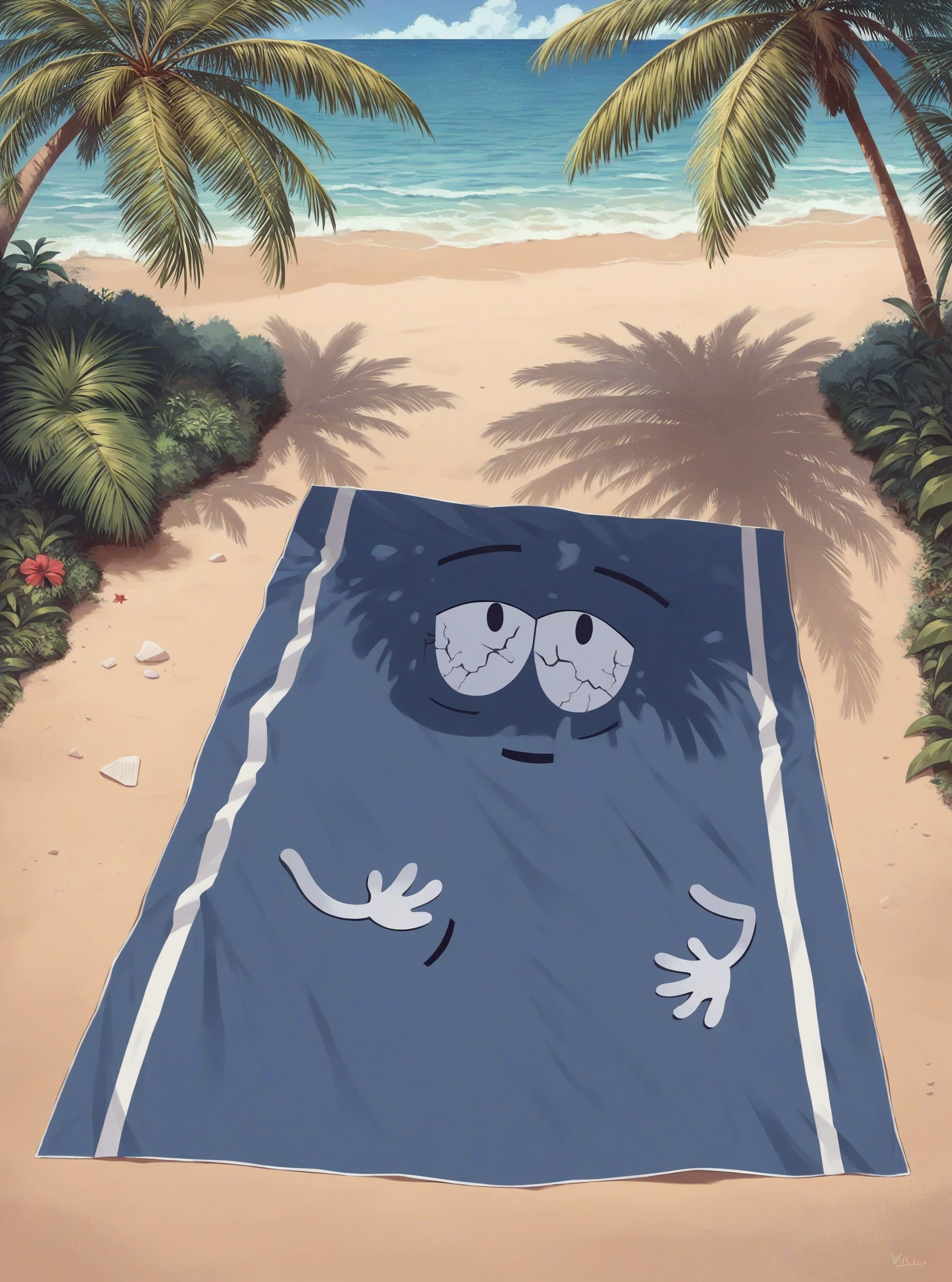 score_9, score_8_up, score_7_up, score_6_up, hud_twlie, beach, outdoors, palm tree, towel, beach towel, <lora:towelie_r1:0.7>