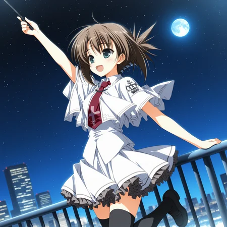 <lora:Tachibana_Kimika_1_nai-000035:1>,Tachibana Kimika,
school uniform,cross print,black thighhighs,zettai ryouiki,red necktie,white capelet,frills,white skirt,cross,frilled skirt,
1girl,solo,holding,conductor baton,smile,simple background,night,starry sky,moon,open mouth,arm up,standing on one leg,railing,standing_on_railing,cityscape,depth of field,