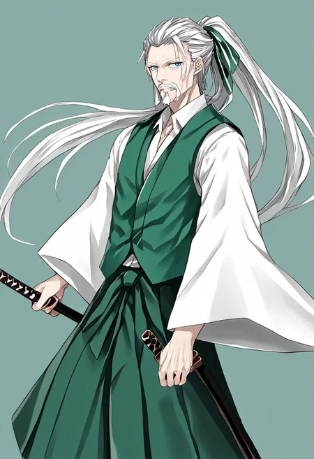score_9, score_8_up, score_7_up, score_6_up, score_5_up, score_4_up, source_anime, 1boy, solo,
y0uki, vergil_\(devil_may_cry\), long_hair, blue_eyes, green_vest, whirt_shirt, long_sleeves, wide_sleeves, ponytail, hair_ribbon, hakama_skirt, green_hakama, sword, katana, sheath, sheathed, seven_katana, beard, old_man, green_kimono, facial_hair, white_hair, japanese_clothes, hakama_pants, white_kimono,
masterpiece, best quality, very aesthetic, absurdres,