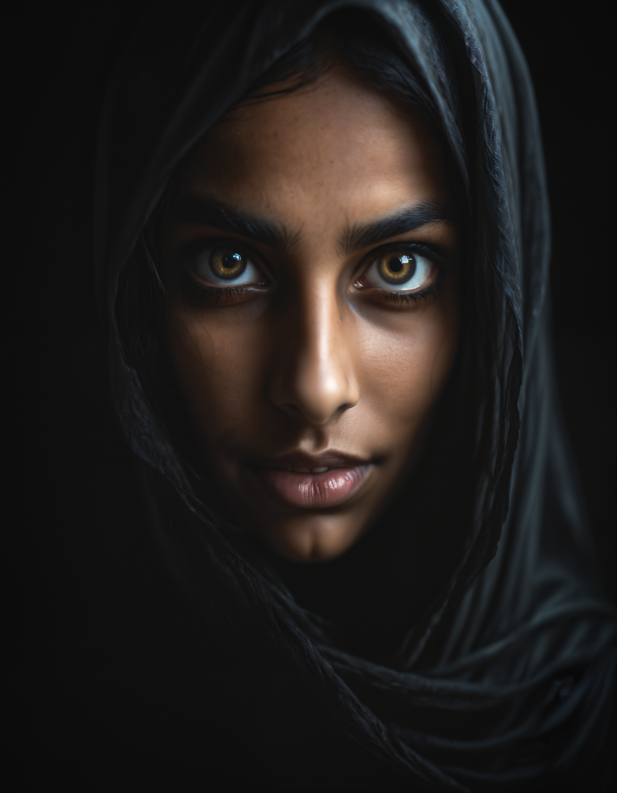 dark macro photo of face of a woman with extremely long hair covered by a hijab, glowing eyes, detailed iris, detailed eyes, bright pupils, looking down, low camera angle, clenched teeth, crazy smile, chiaroscuro, dark, 35mm cinematic, atmospheric lighting,