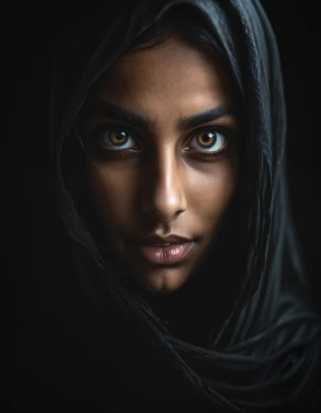 dark macro photo of face of a woman with extremely long hair covered by a hijab, glowing eyes, detailed iris, detailed eyes, bright pupils, looking down, low camera angle, clenched teeth, crazy smile, chiaroscuro, dark, 35mm cinematic, atmospheric lighting,