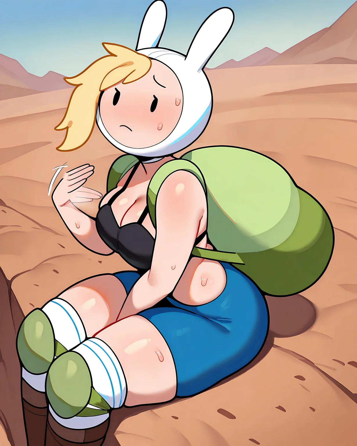 masterpiece, best quality, newest, absurdres, highres, dynamic angle, cowboy shot, outdoors, desert
1girl, solo, cute, Fionna, blonde hair, bunny hood, black bra, knee pads, sitting, sweating, shoulder armor, backpack, shorts, brown boots, fanning self, <lora:Fionna_ILL:1>,