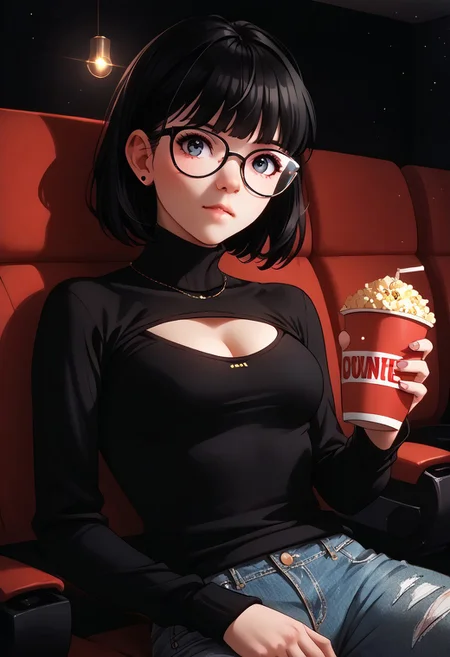 (score_9, score_8_up, score_7_up, highest score, best quality:1.2), zPDXL3, NEGATIVE_HANDS, detail1eye, hi-res. 8k, source_anime BREAK 1girl, reikoif, medium hair, black hair, black eyes BREAK glasses, open-chest_sweater, black sweater, denim pants BREAK movi3theater, sitting, red seats, dark room, holding popcorn (indoors:1.3), cowboy shot, sharp colors, perfect face, perfect hands, perfect eyes, (detailed realistic background:1.3), (high quality:1.1), (ultra detailed:1.4), <lora:pony_good_hands:0.7>, <lora:add-detail-xl:1>, <lora:xl_more_art-full_v1:0.5>