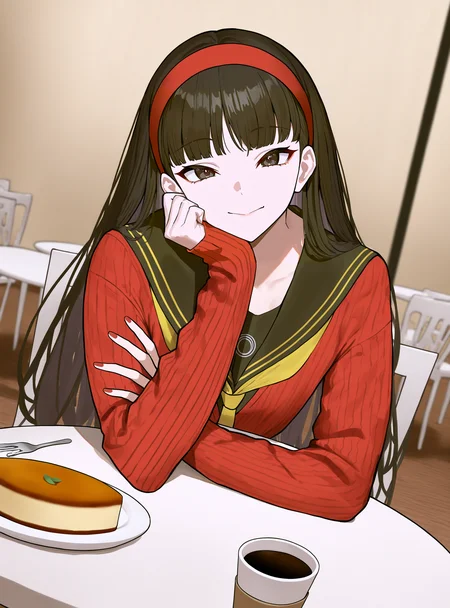 masterpiece, best quality, newest, absurdres, highres, year 2024, year 2023, year 2022, 1girl, solo focus  sitting, pov table, amagi yukiko, close-up,  long hair,  red headband, red cardigan, black hair, long sleeves, black sailor collar,  solo, flat chest, half-closed eyes, smile,elbow rest,  red nails,  looking at viewer,  yasogami school uniform, head rest, dutch angle, pov across table, round table, pavement, white chair, sitting, disposable coffee cup, plate, cheesecake, fork, sleeves past wrists,   <lora:Zikataro:1>