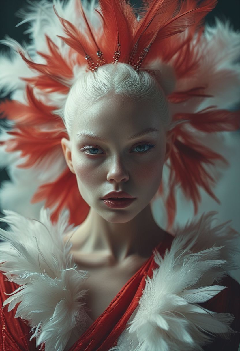 symmetrical front view, close up shot, dark photo, a evocative medium shot of a beautiful albino woman, beautiful makeup, ballet dancer bun hairstyle, futuristic red fit clothes, feathers, fur