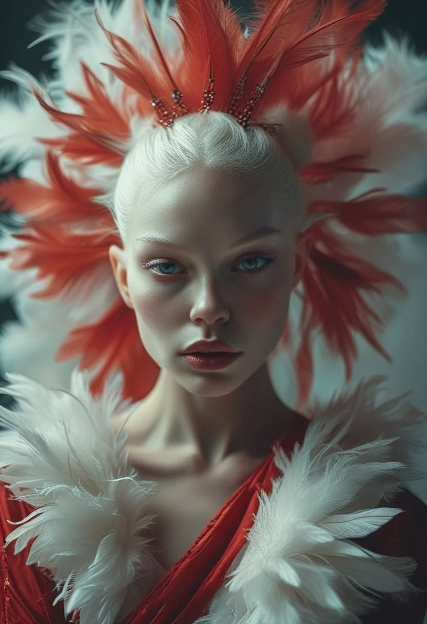 symmetrical front view, close up shot, dark photo, a evocative medium shot of a beautiful albino woman, beautiful makeup, ballet dancer bun hairstyle, futuristic red fit clothes, feathers, fur