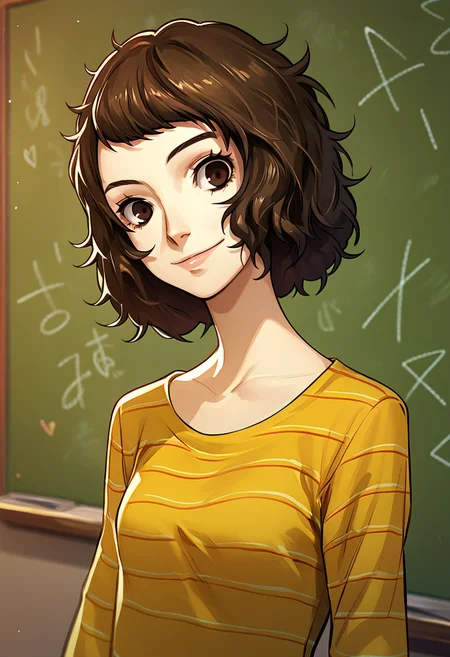 score_9, score_8_up, score_7_up, score_6_up, brown hair, short hair, messy hair, striped shirt, detailed background, chalkboard, light smile, looking at viewer, 1girl, kawakami sadayo, brown eyes,