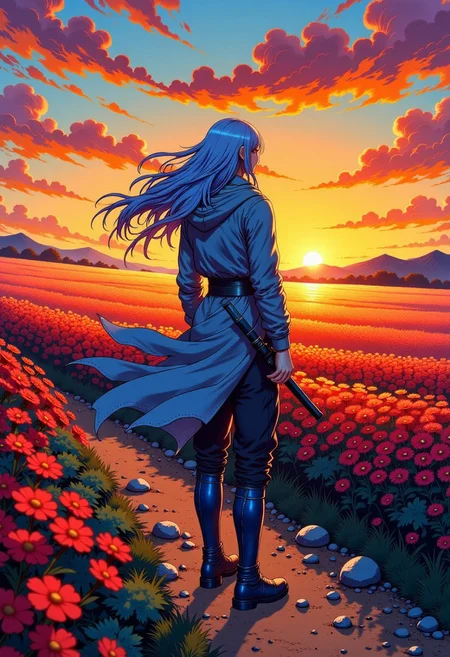 , high quality, high definition, high resolution, 4k, shaders, better lighting, better quality, GHIBSKY style, man with long light blue hair, mid-height with blue knee-high boots and black pants that fold at the boots, wearing a blue coat and a garment around his neck, looking towards the horizon with a katana at hip height, the landscape would be full of red lycoris flowers stretching towards the horizon, with a sunset at golden hour where some rays of sunlight would mark the shape of the subject, his hair would be lifted by the wind.